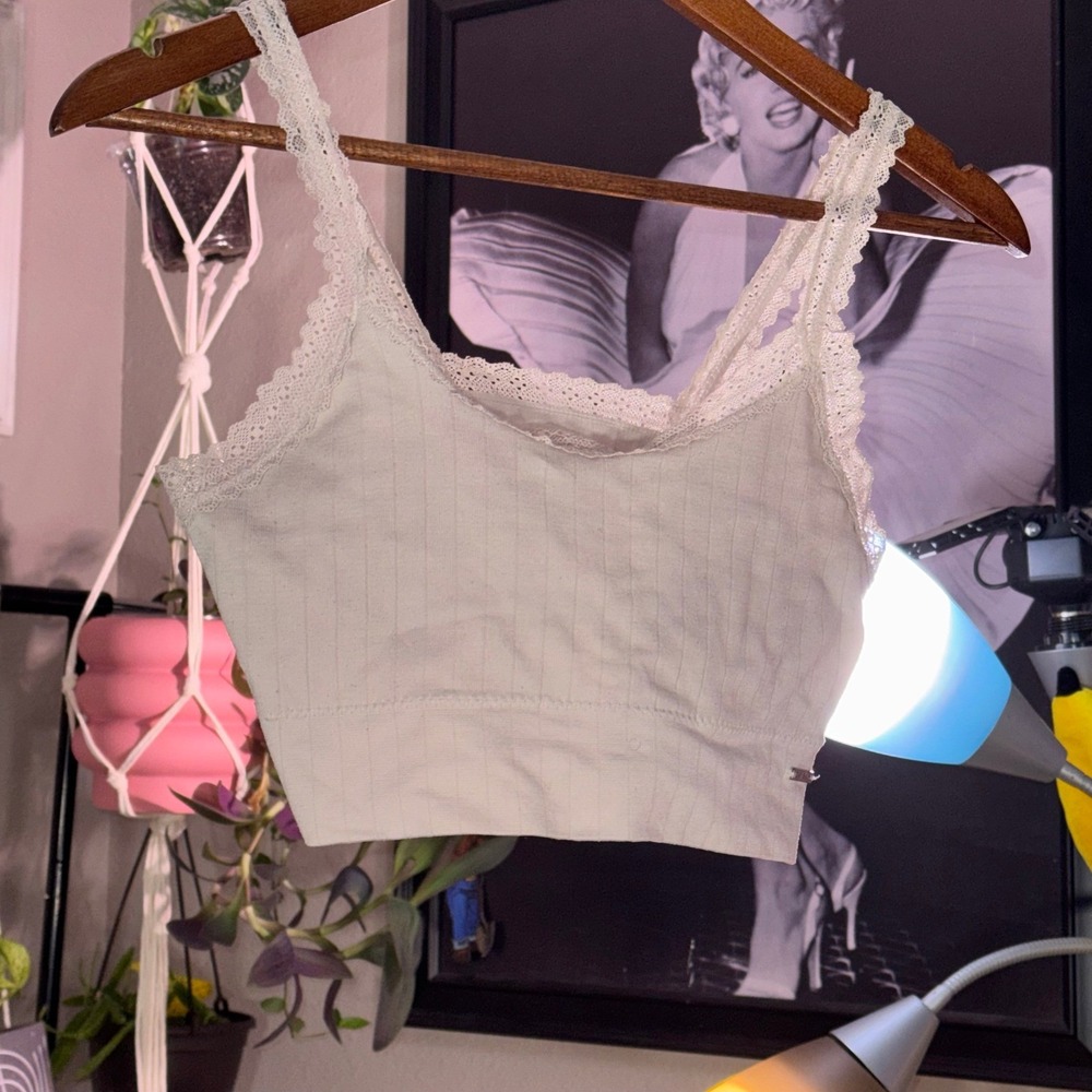 Ribbed Bralette Tank‎ Top Lace Trim Cami Crop Top Casual Sleeveless